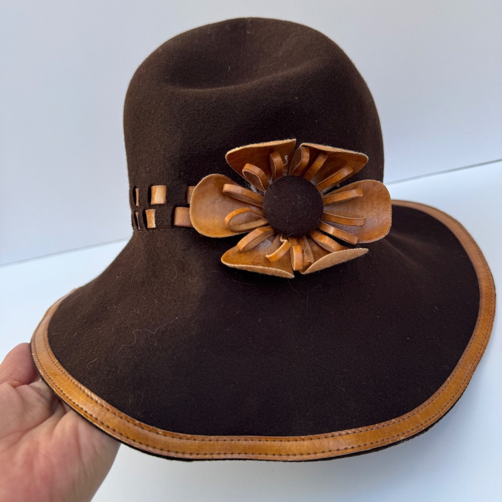 Nordstrom Floppy Hat OS Brown Wool Leather Flower Wide Brim Made in Italy Boho